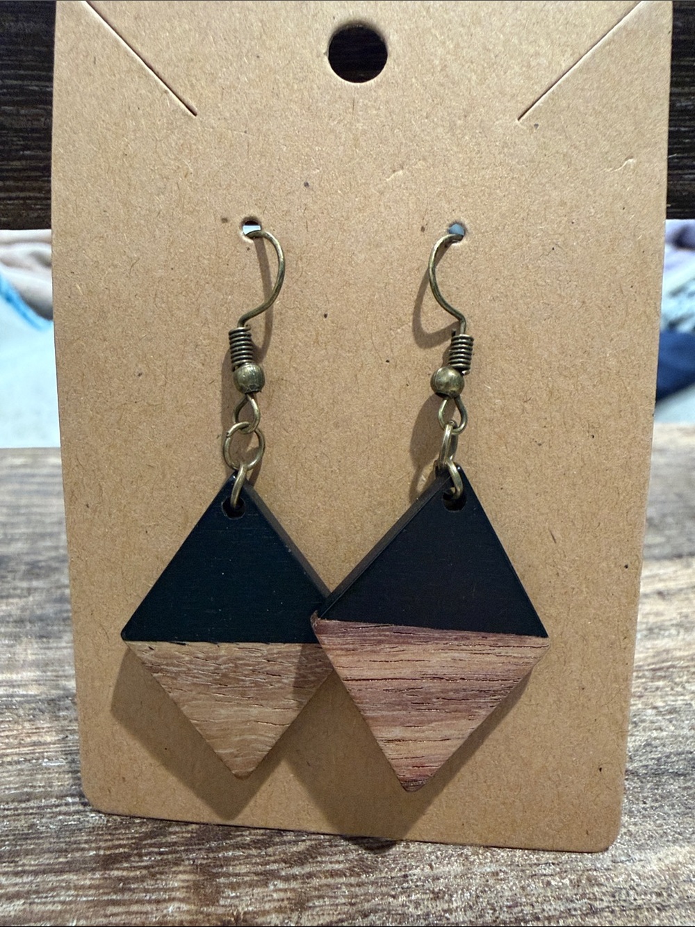 Black and Natural Wood Diamond Drop Earrings - Women Jewelry